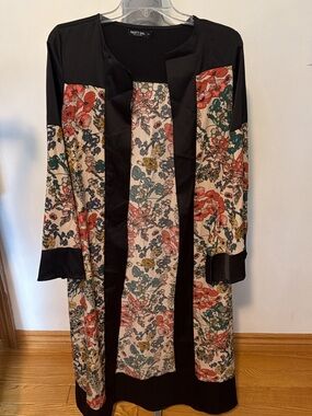 Nasty Gal Black Floral Long Kimono Robe with Multicolor Panels
